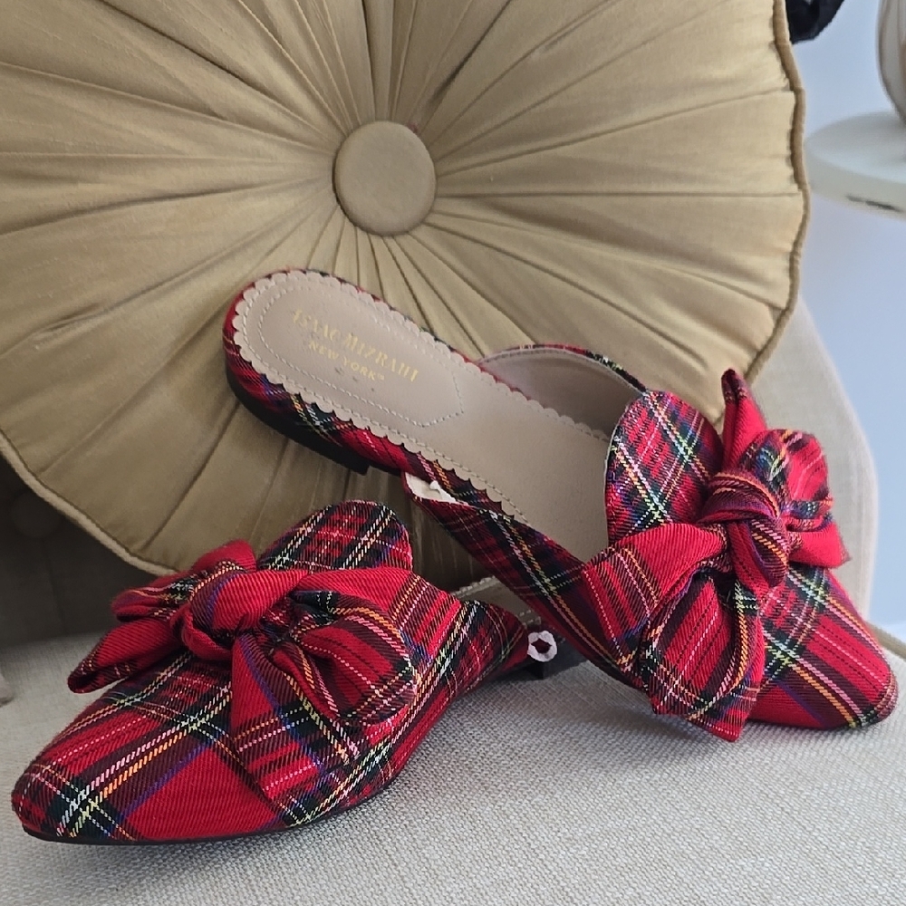 Isaac Mizrahi Red Tartan Plaid Bow Mules - festive holiday party shoes